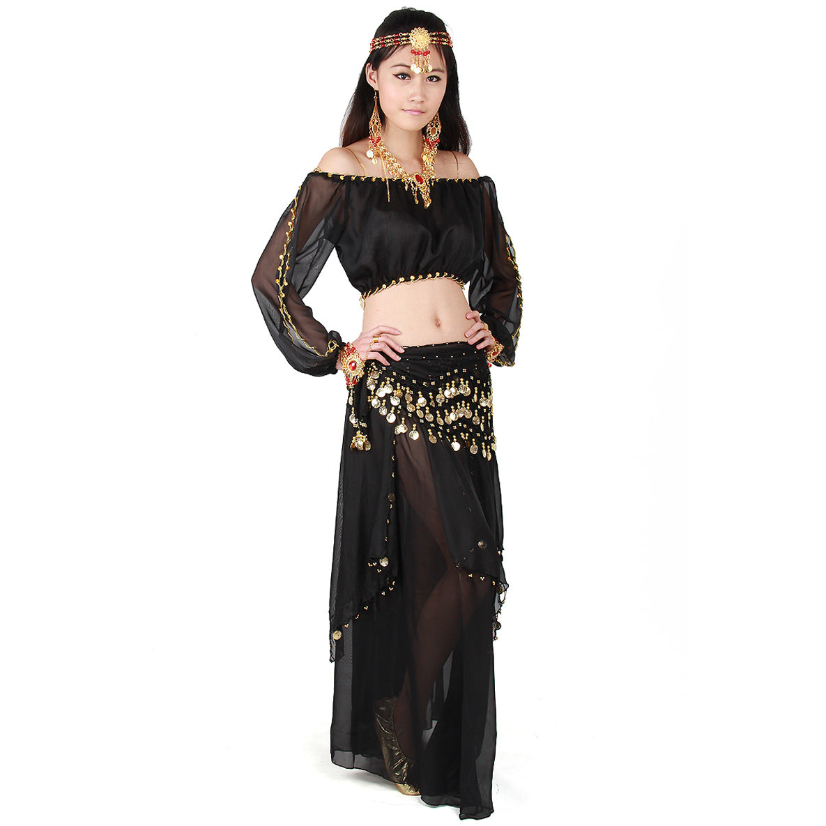 Baisdan Belly Dance Costume Long Lantern Top Gold Coins Skirt Festival Carnival Fancy Outfit