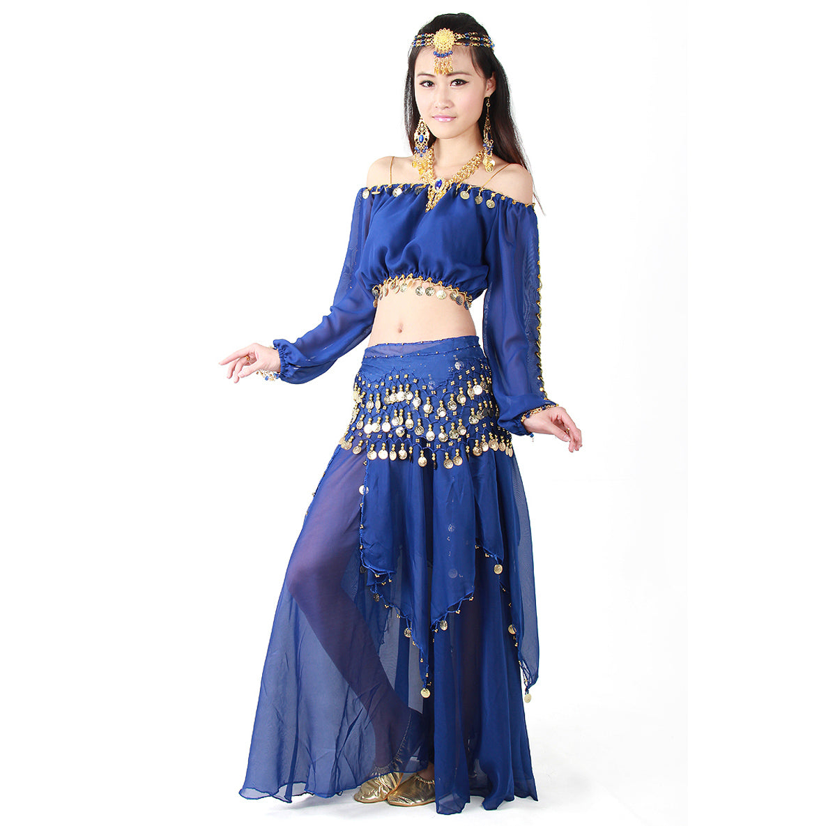 Baisdan Belly Dance Costume Long Lantern Top Gold Coins Skirt Festival Carnival Fancy Outfit