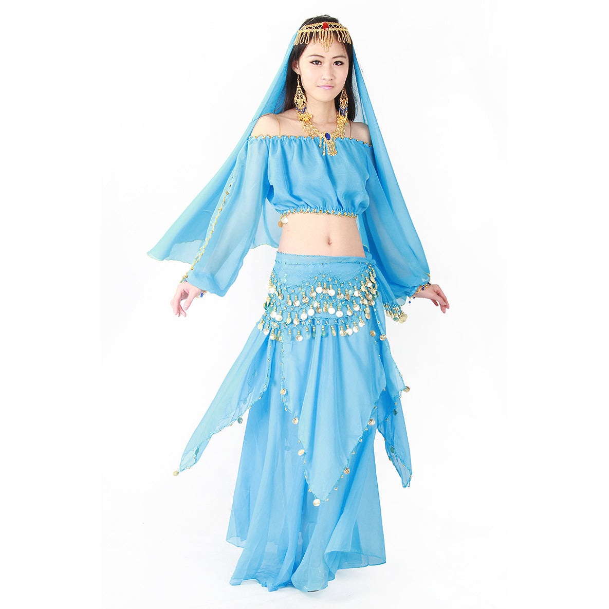 Baisdan Belly Dance Costume Long Lantern Top Gold Coins Skirt Festival Carnival Fancy Outfit