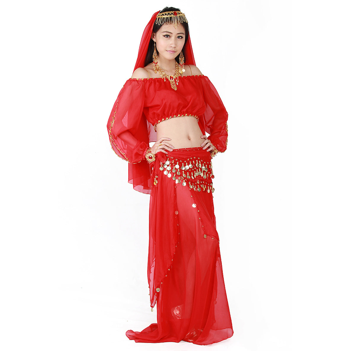 Baisdan Belly Dance Costume Long Lantern Top Gold Coins Skirt Festival Carnival Fancy Outfit