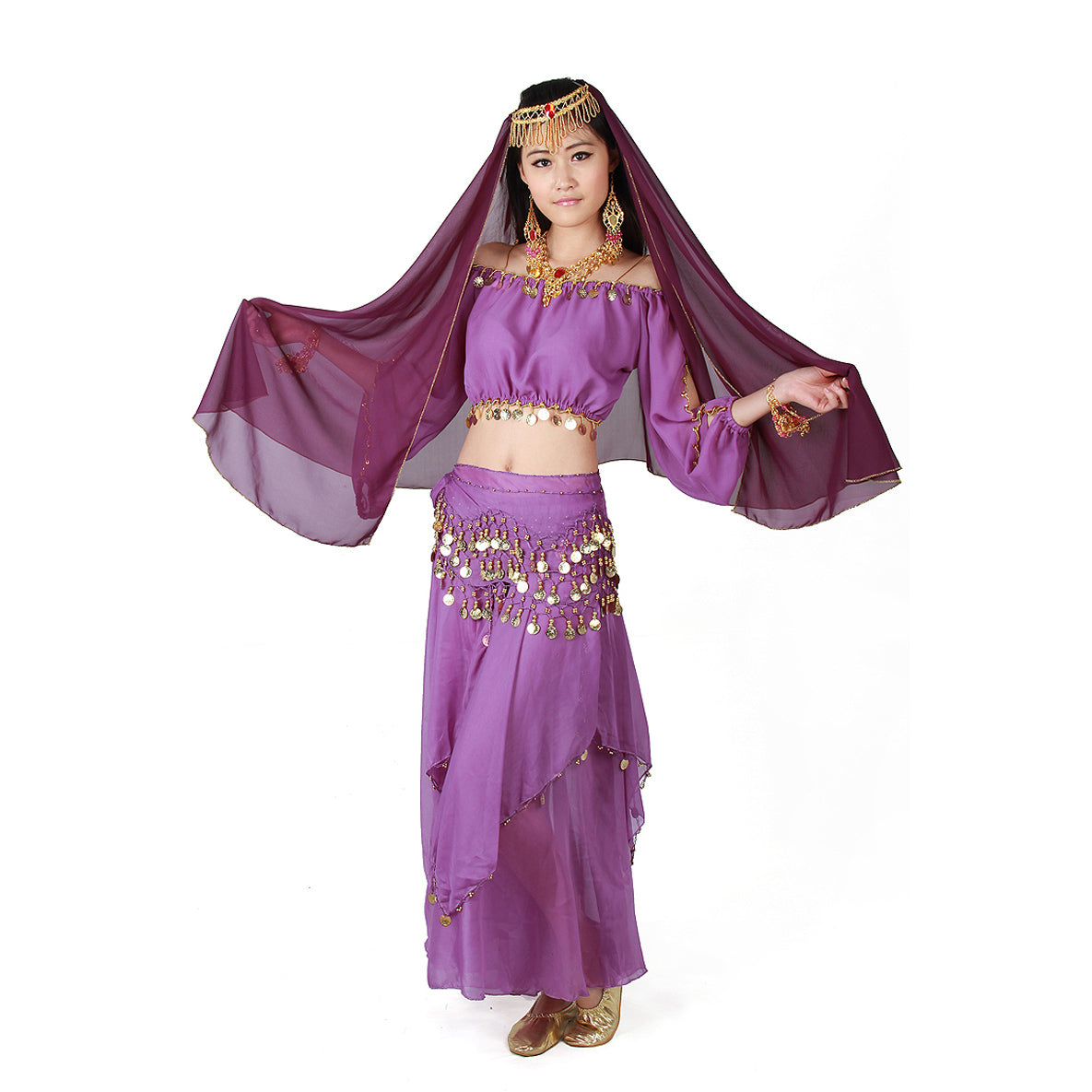 Baisdan Belly Dance Costume Long Lantern Top Gold Coins Skirt Festival Carnival Fancy Outfit