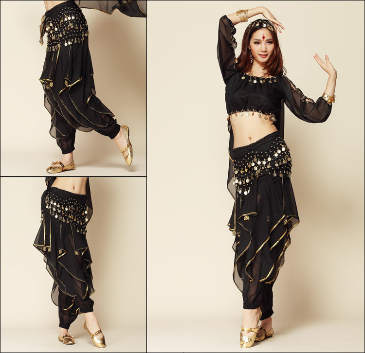Baisdan 3-PCS Belly Dance Long Lantern Top and Coins Pants and Hip Scarf