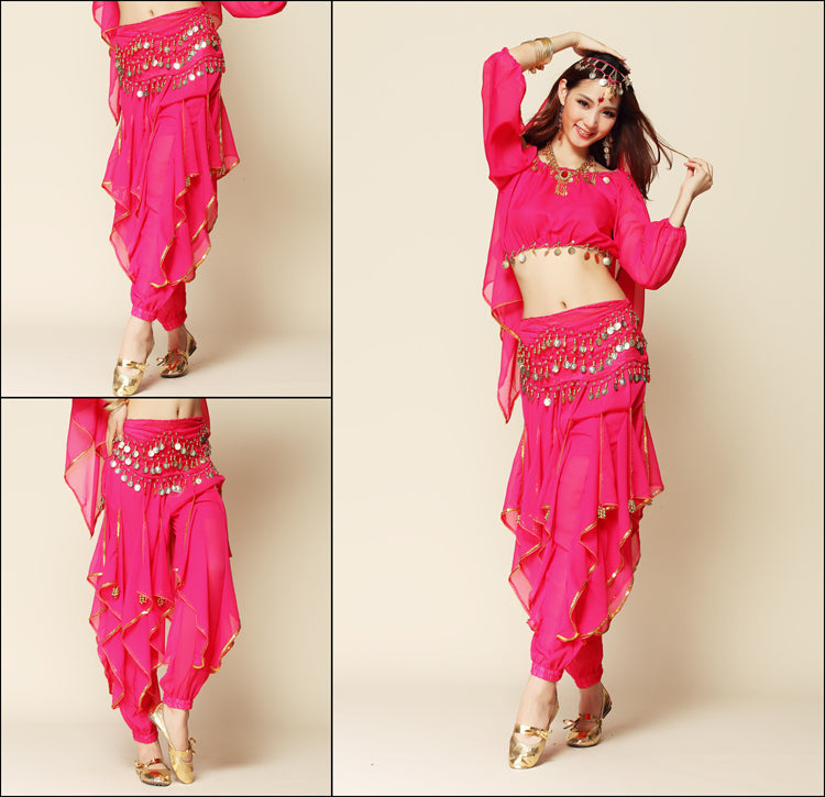 Baisdan 4-PCS Belly Dance Long Lantern Top and Coins Pants and Hip Scarf Veil