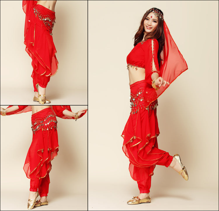 Baisdan 3-PCS Belly Dance Long Lantern Top and Coins Pants and Hip Scarf