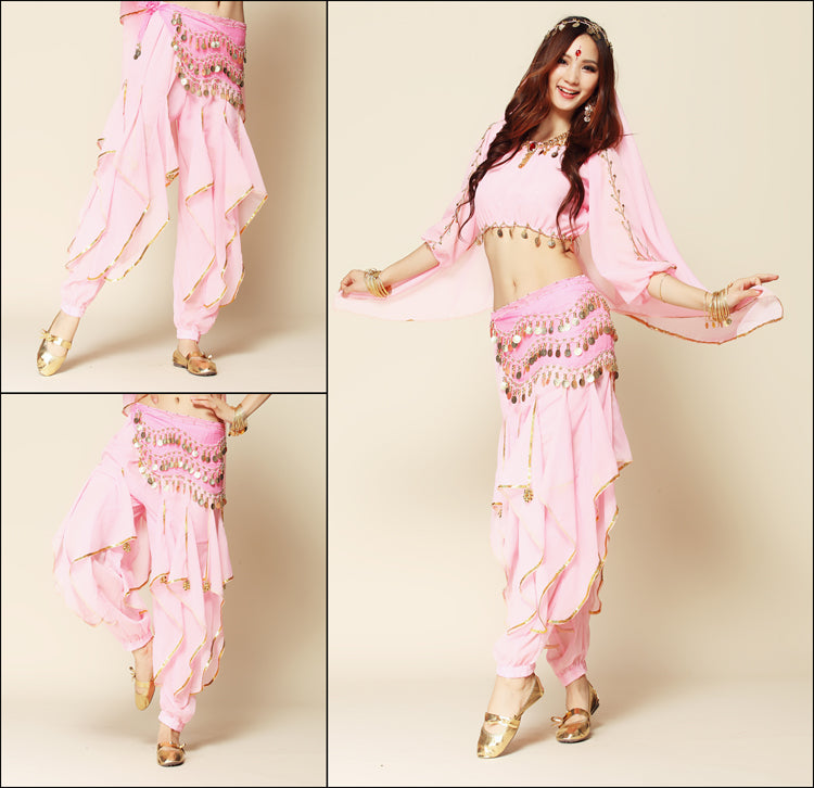 Baisdan 3-PCS Belly Dance Long Lantern Top and Coins Pants and Hip Scarf