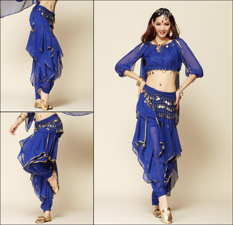 Baisdan 4-PCS Belly Dance Long Lantern Top and Coins Pants and Hip Scarf Veil
