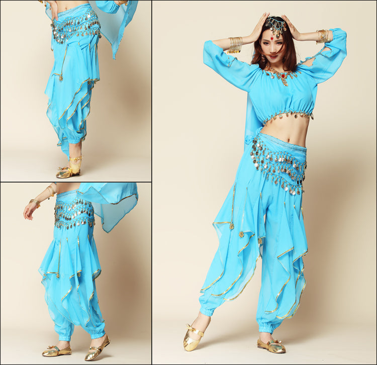 Baisdan 4-PCS Belly Dance Long Lantern Top and Coins Pants and Hip Scarf Veil