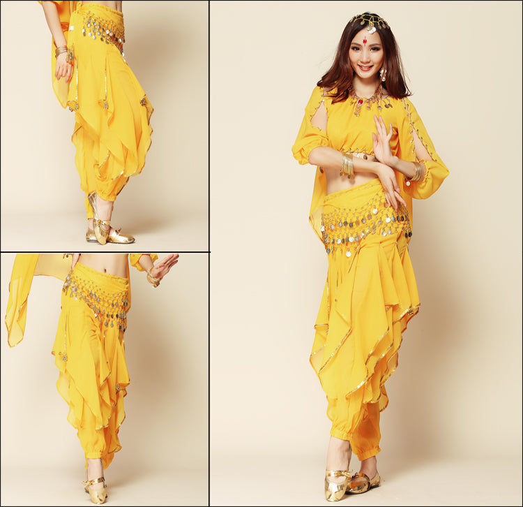 Baisdan 3-PCS Belly Dance Long Lantern Top and Coins Pants and Hip Scarf