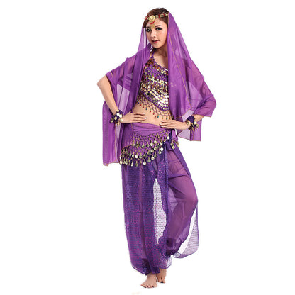 Baisdan Women's Belly Dance Costume 4-PCS Beads Bells Top Harem Pants Hip Scarf Belt Highlights Veil