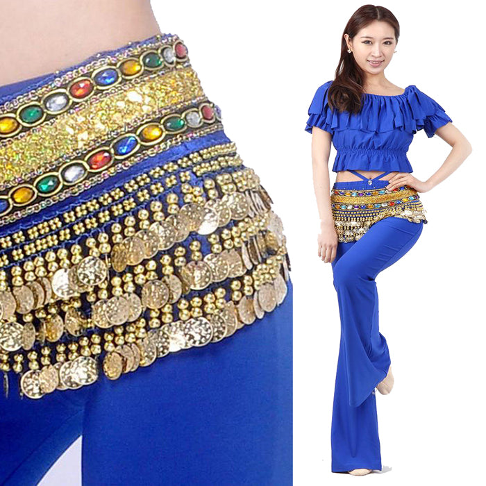 Baisdan Women's Belly Dance Chain Hip Scarf Skirt Costume Wrap Gold Coins Band Gemstone Velvet