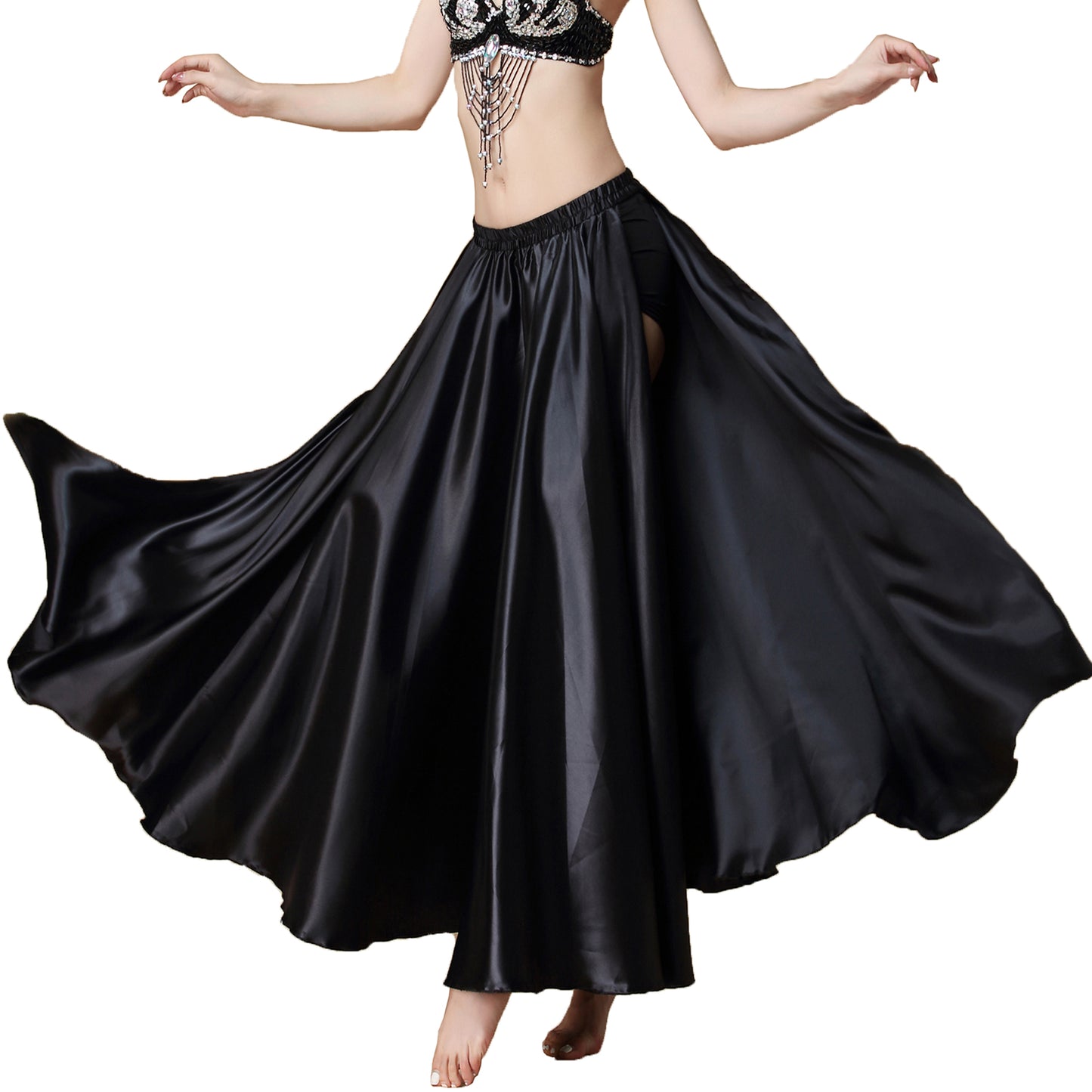 Baisdan Belly Dance Skirt Two Side Slit Satin Skirt