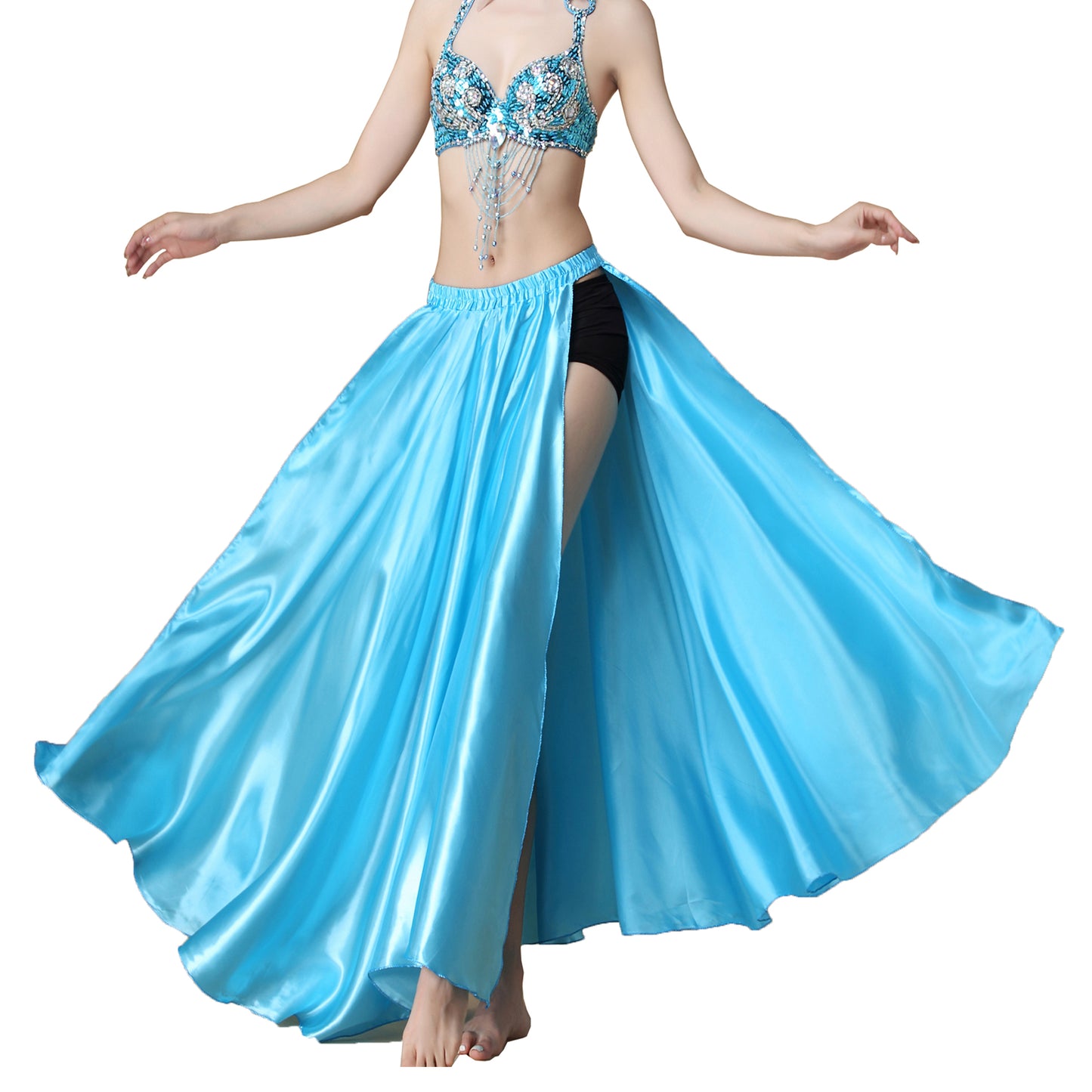 Baisdan Belly Dance Skirt Two Side Slit Satin Skirt