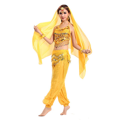 Baisdan Women's Belly Dance Costume 4-PCS Beads Bells Top Harem Pants Hip Scarf Belt Highlights Veil