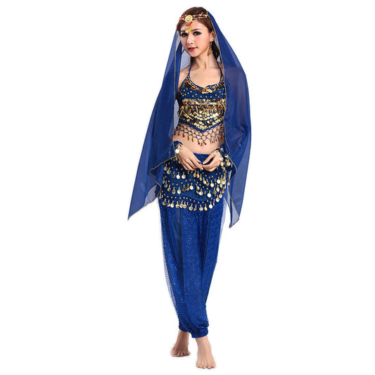 Baisdan Women's Belly Dance Costume 4-PCS Beads Bells Top Harem Pants Hip Scarf Belt Highlights Veil