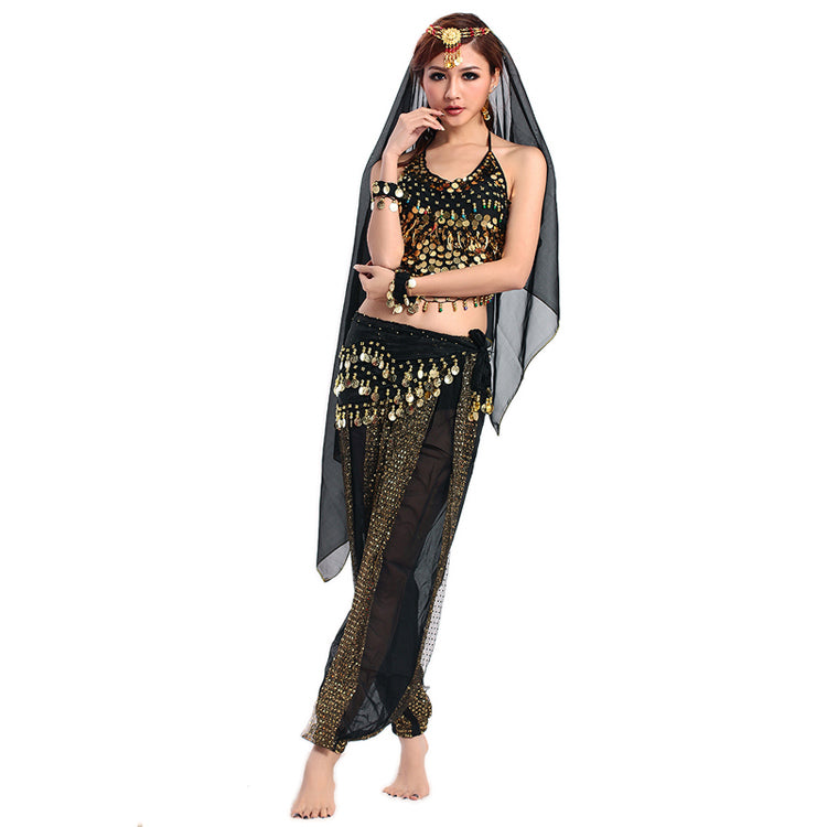 Baisdan Women's Belly Dance Costume 4-PCS Beads Bells Top Harem Pants Hip Scarf Belt Highlights Veil