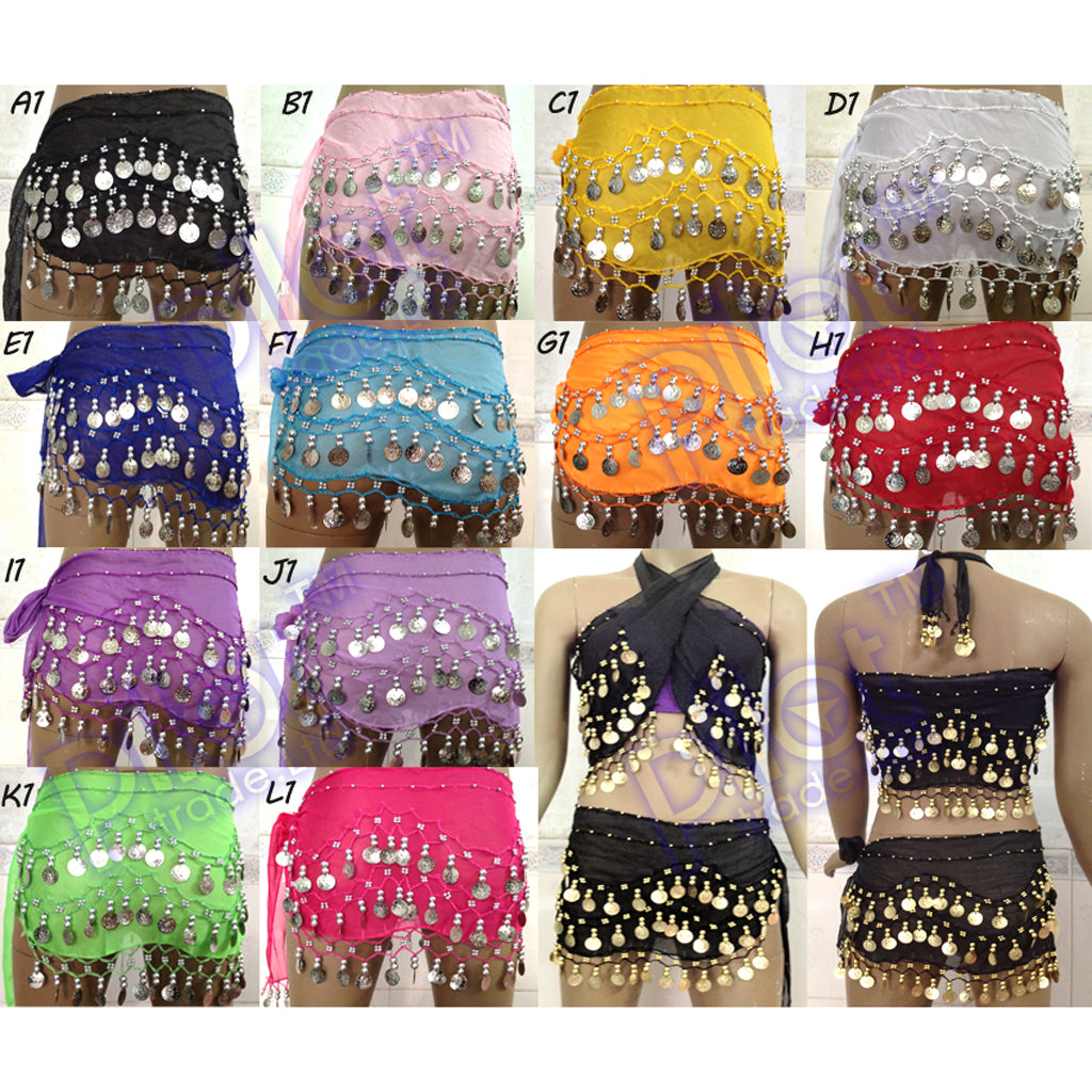 Baisdan Lady's Chiffon Dancing Silver Coins Belly Dance Hip Skirt Scarf Wrap Belt