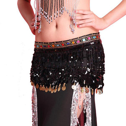 Baisdan  Shining Sequin Tassels Belly Dance Hip Scarf Wrap Skirt Gems Coin Fancy Hip Belt