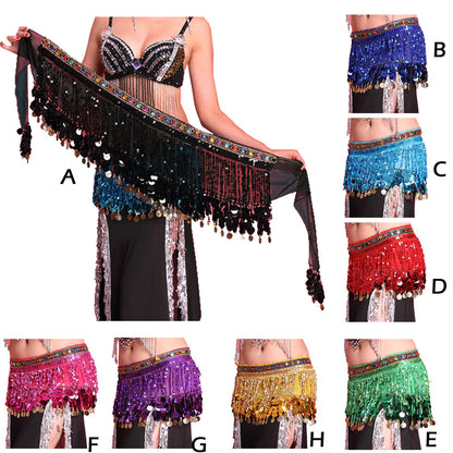 Baisdan  Shining Sequin Tassels Belly Dance Hip Scarf Wrap Skirt Gems Coin Fancy Hip Belt