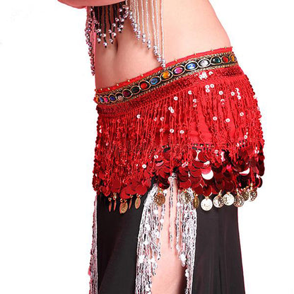 Baisdan  Shining Sequin Tassels Belly Dance Hip Scarf Wrap Skirt Gems Coin Fancy Hip Belt