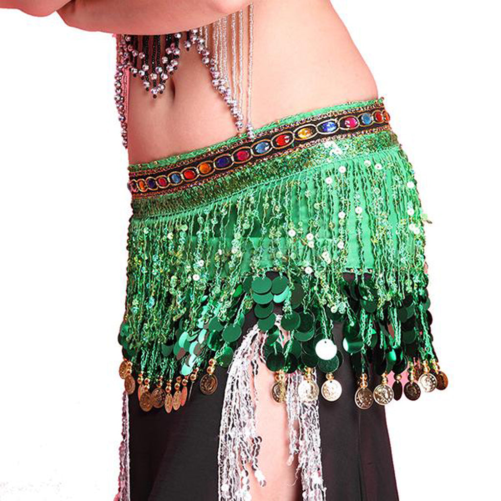 Baisdan  Shining Sequin Tassels Belly Dance Hip Scarf Wrap Skirt Gems Coin Fancy Hip Belt