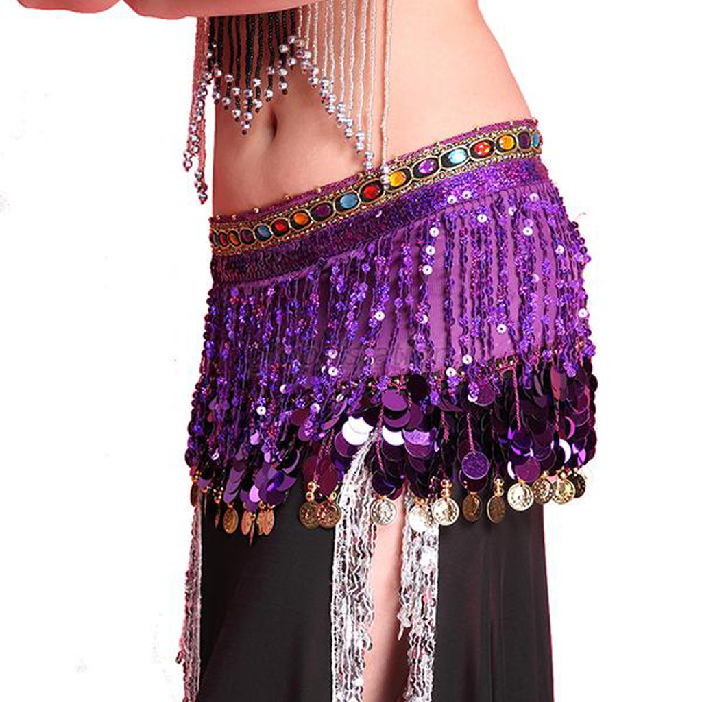 Baisdan  Shining Sequin Tassels Belly Dance Hip Scarf Wrap Skirt Gems Coin Fancy Hip Belt