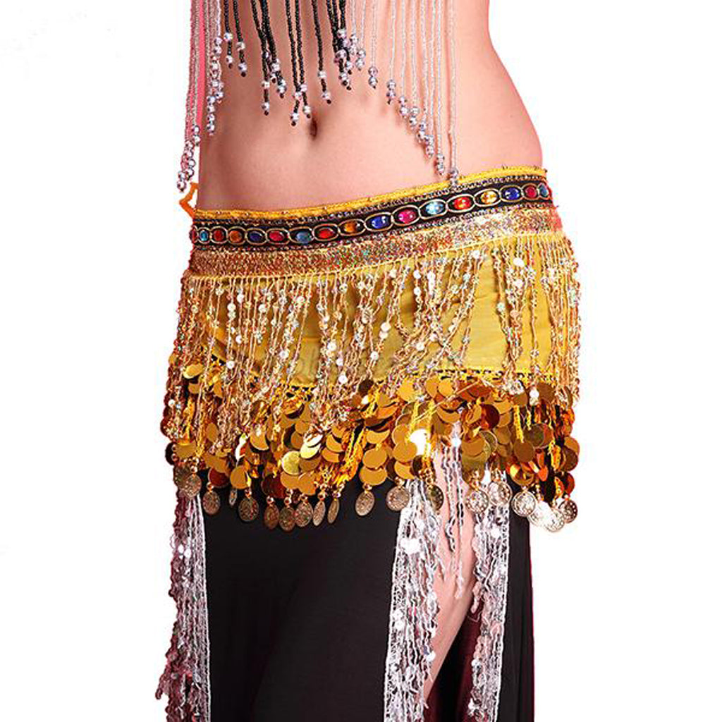 Baisdan  Shining Sequin Tassels Belly Dance Hip Scarf Wrap Skirt Gems Coin Fancy Hip Belt