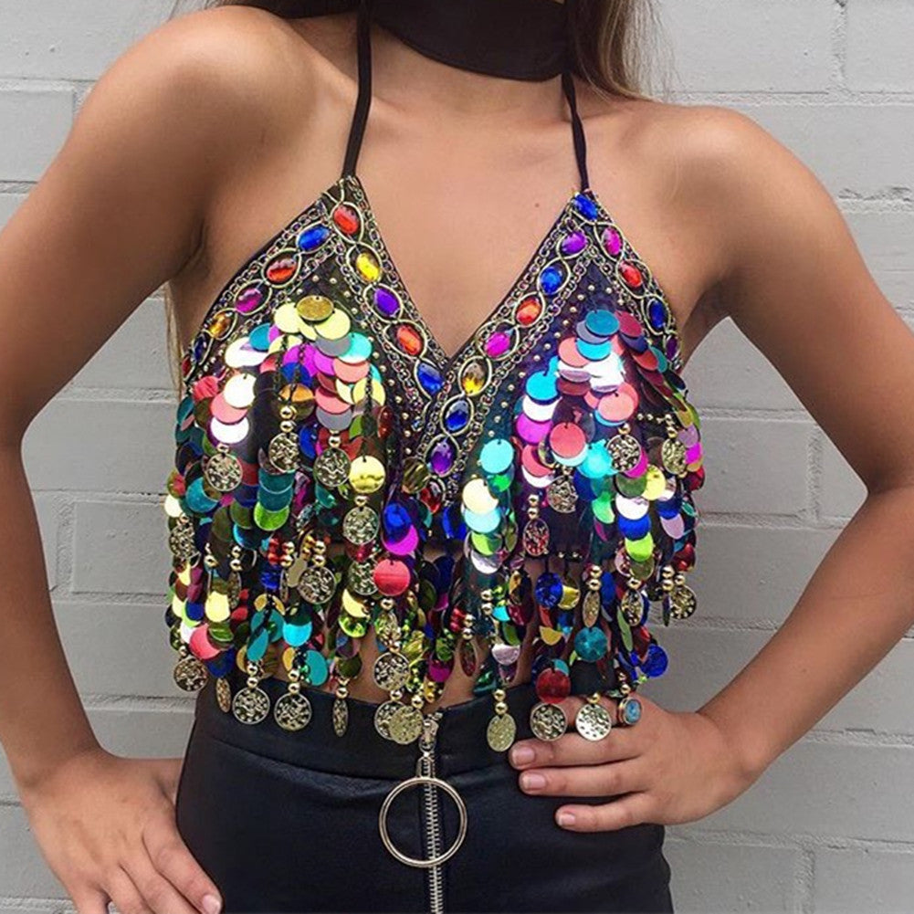 Baisdan Sequin Halter Bra Top Salsa Belly Dance Boho Festival Clubbing Tribal Bra BH Top