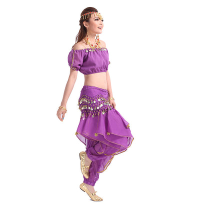 Baisdan 3-PCS Belly Dance Lantern Top and Coins Pants and Velvet Hip Scarf