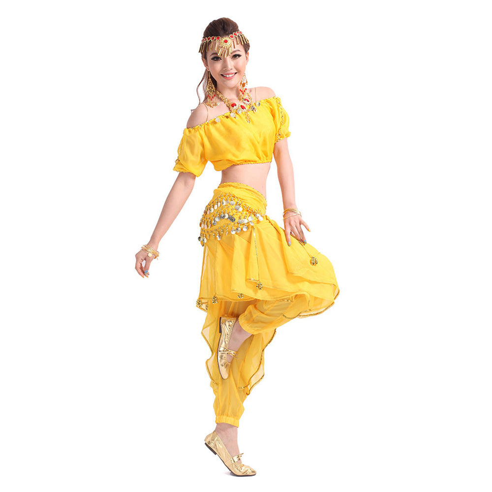 Baisdan 3-PCS Belly Dance Lantern Top and Coins Pants and Velvet Hip Scarf