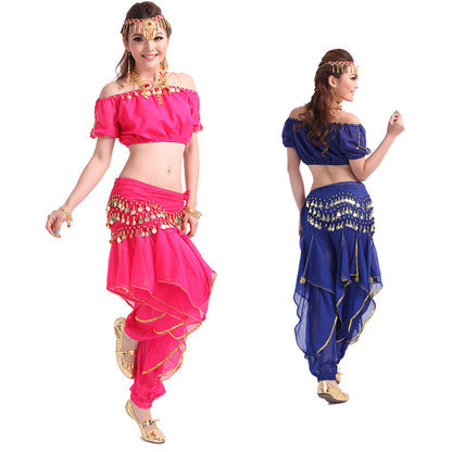 Baisdan 3-PCS Belly Dance Lantern Top and Coins Pants and Velvet Hip Scarf