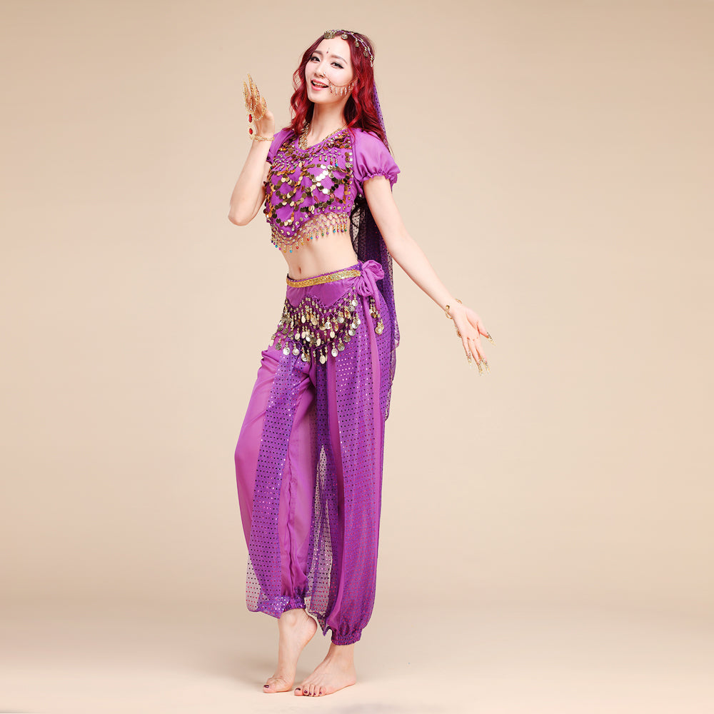 Baisdan Women's Belly Dance Costume Set Bell pepper Top&Pants&Hip Scarf&Veil