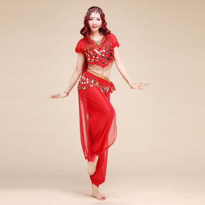 Baisdan Women's Belly Dance Costume Set Bell pepper Top&Pants&Hip Scarf&Veil