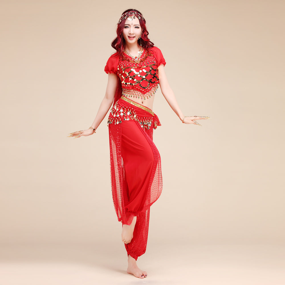 Baisdan Women's Belly Dance Costume Set Bell pepper Top&Pants&Hip Scarf