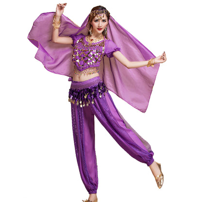 Baisdan Women's Belly Dance Costume Set Bell pepper Top+Pants+Hip Scarf+Veil