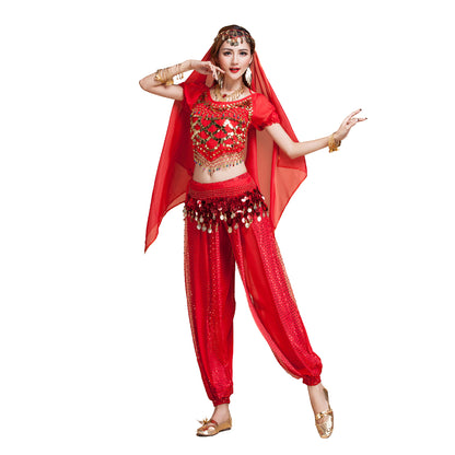 Baisdan Women's Belly Dance Costume Set Bell pepper Top+Pants+Hip Scarf+Veil