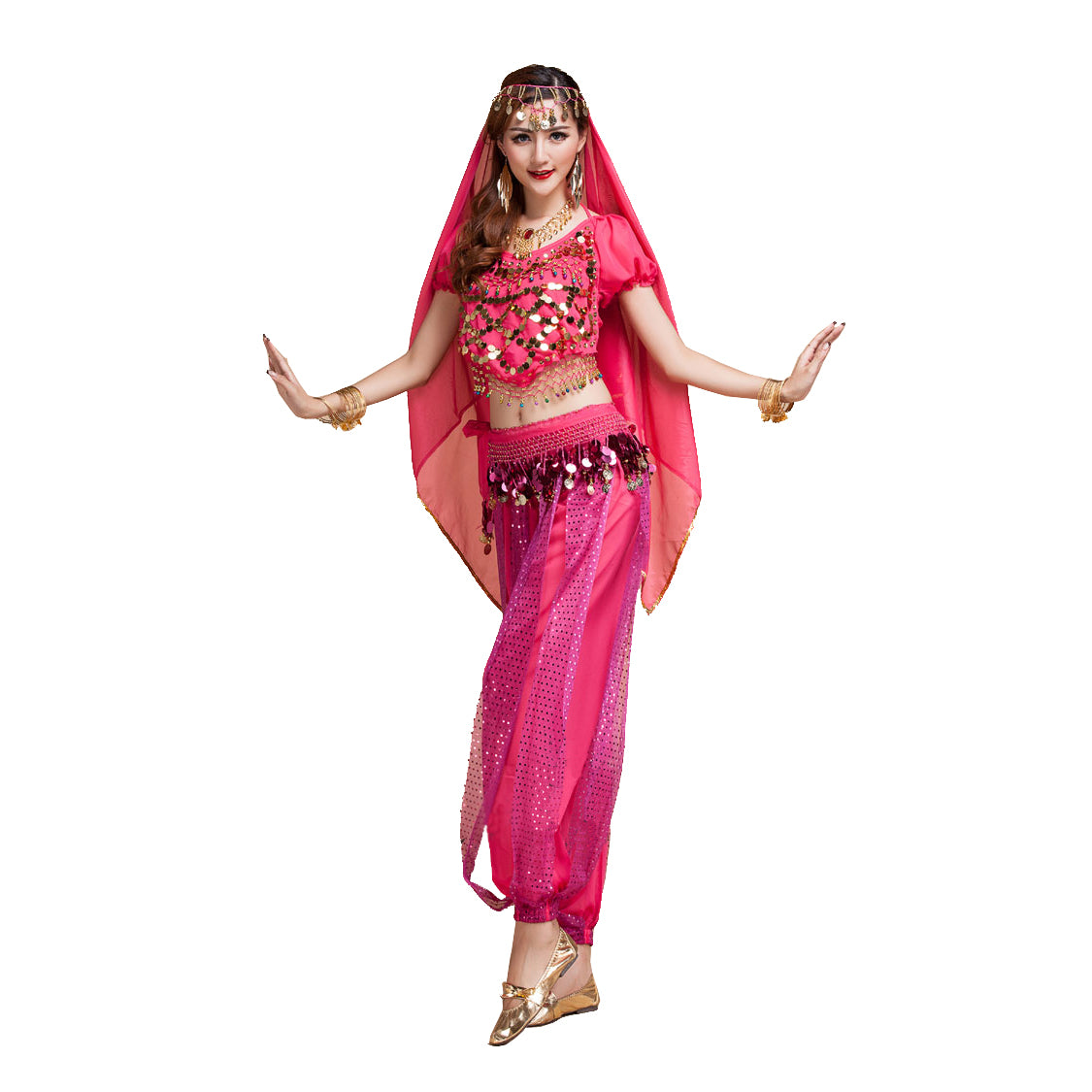 Baisdan Women's Belly Dance Costume Set Bell pepper Top+Pants+Hip Scarf+Veil