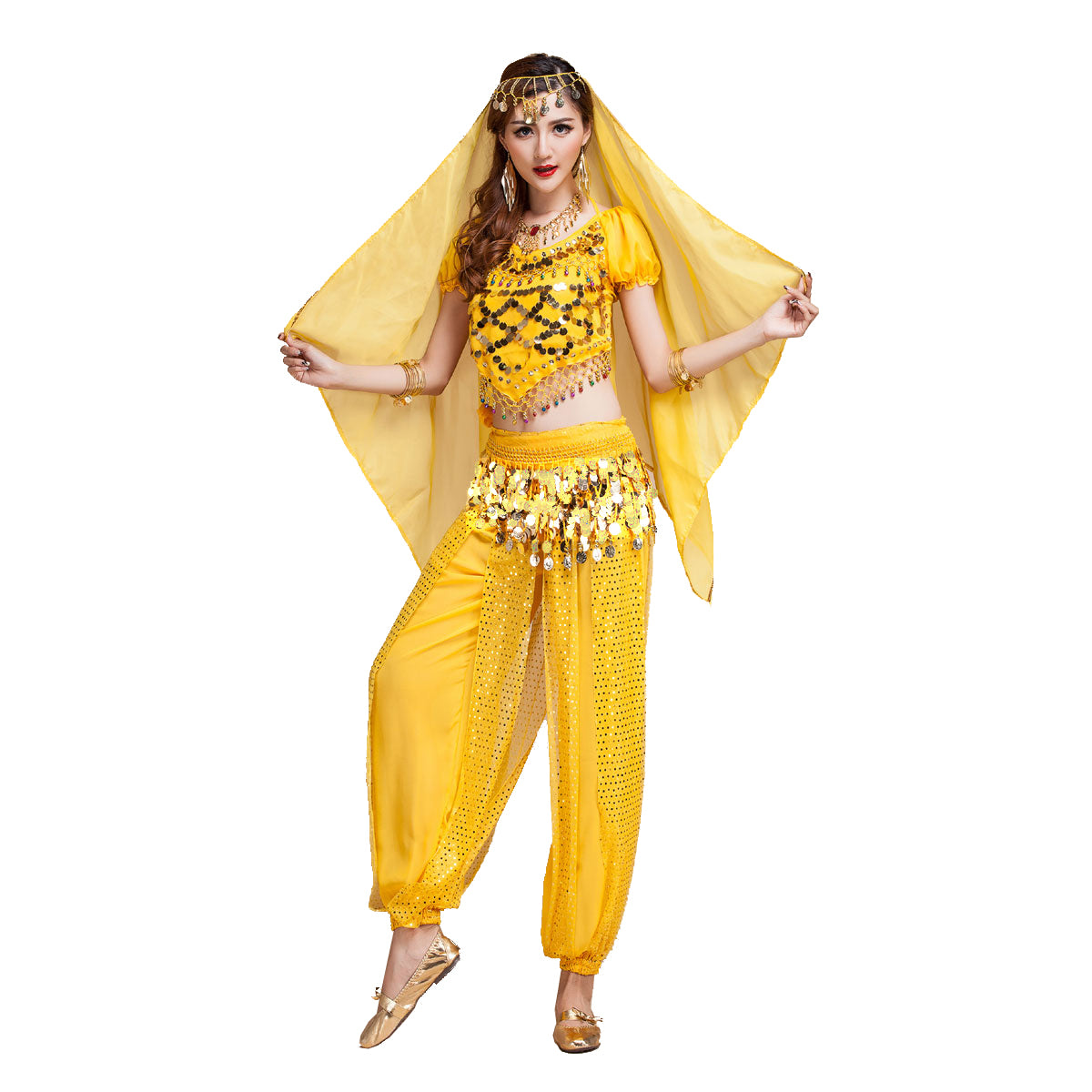 Baisdan Women's Belly Dance Costume Set Bell pepper Top+Pants+Hip Scarf+Veil