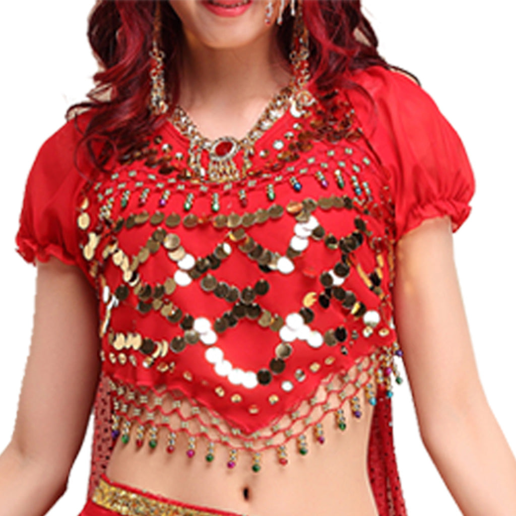 Baisdan Lady's Belly Dance Costumes Lantern Blouse Top with Sequins Beads Bells