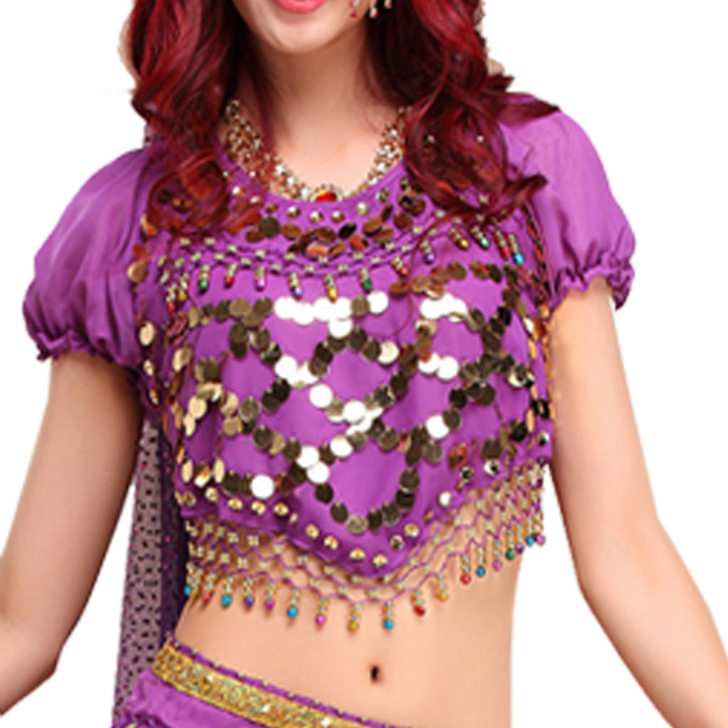 Baisdan Lady's Belly Dance Costumes Lantern Blouse Top with Sequins Beads Bells