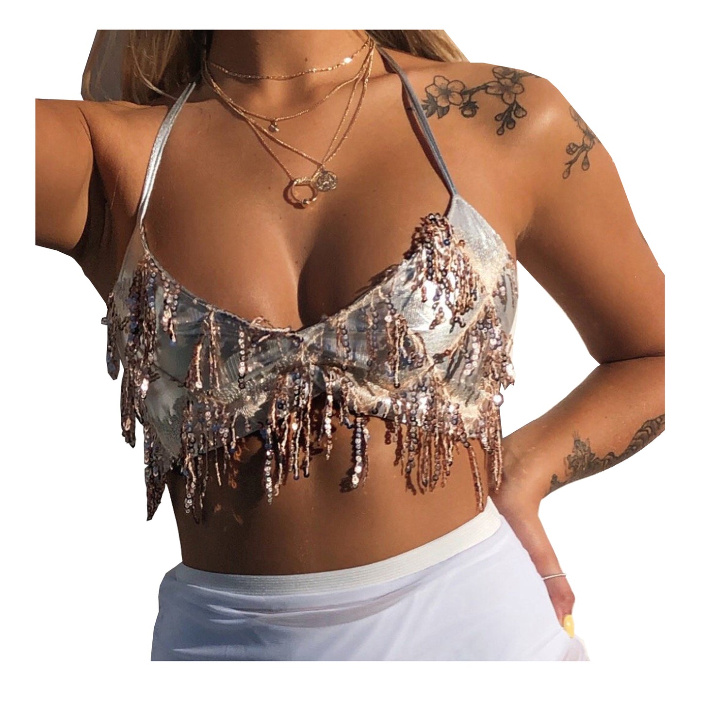 Baisdan Women's Belly Dance Costume Sequin Bra Tassel Top with Chest Party Club Wear Bra Top