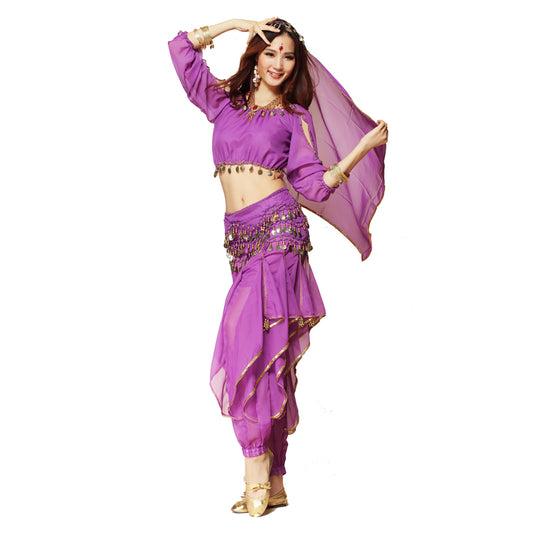 Baisdan 4-PCS Belly Dance Long Lantern Top and Coins Pants and  Hip Scarf Veil