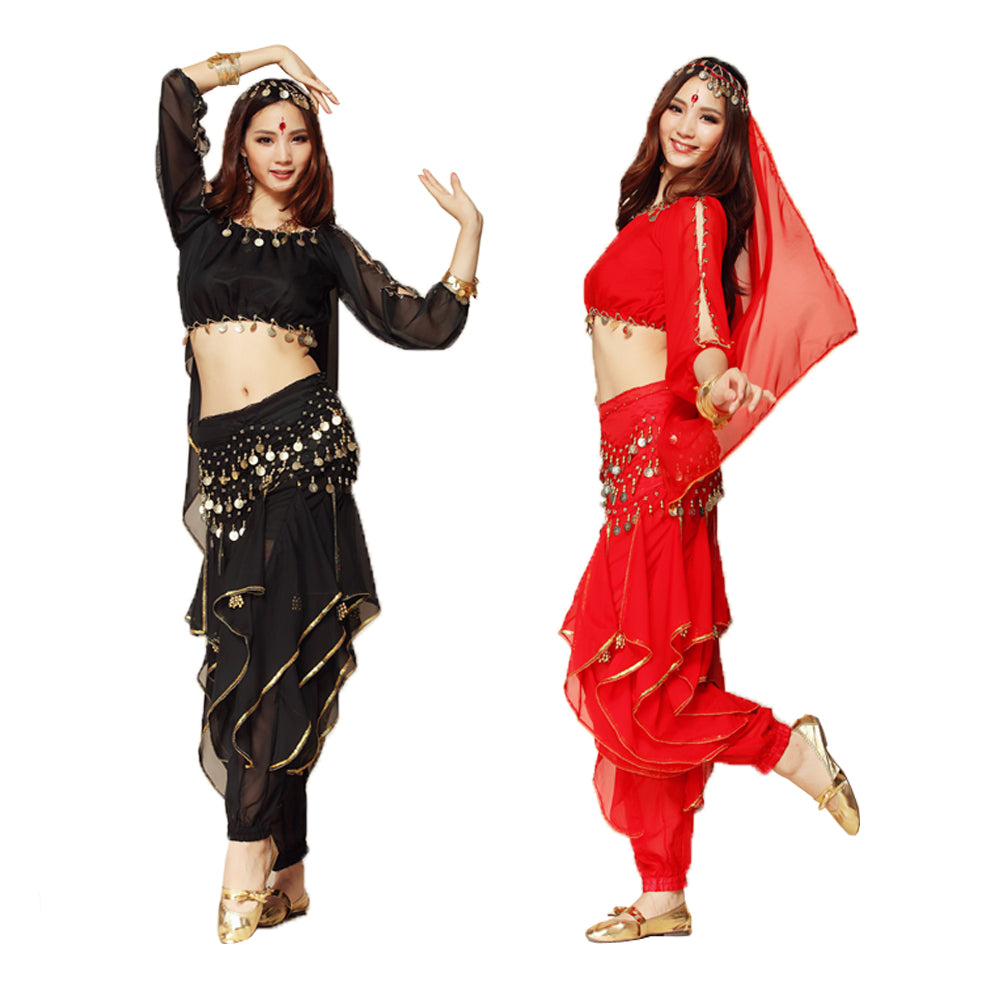 Baisdan 3-PCS Belly Dance Long Lantern Top and Coins Pants and  Hip Scarf