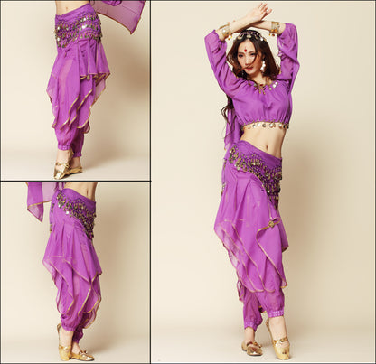 Baisdan 3-PCS Belly Dance Long Lantern Top and Coins Pants and  Hip Scarf