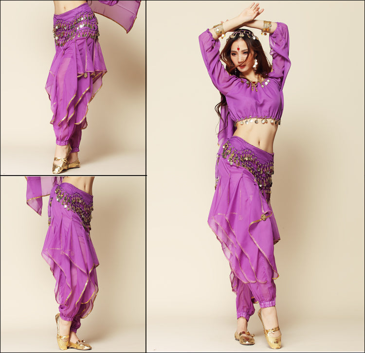 Baisdan 4-PCS Belly Dance Long Lantern Top and Coins Pants and  Hip Scarf Veil