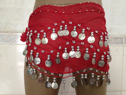 Baisdan Lady's Chiffon Dancing Silver Coins Belly Dance Hip Skirt Scarf Wrap Belt