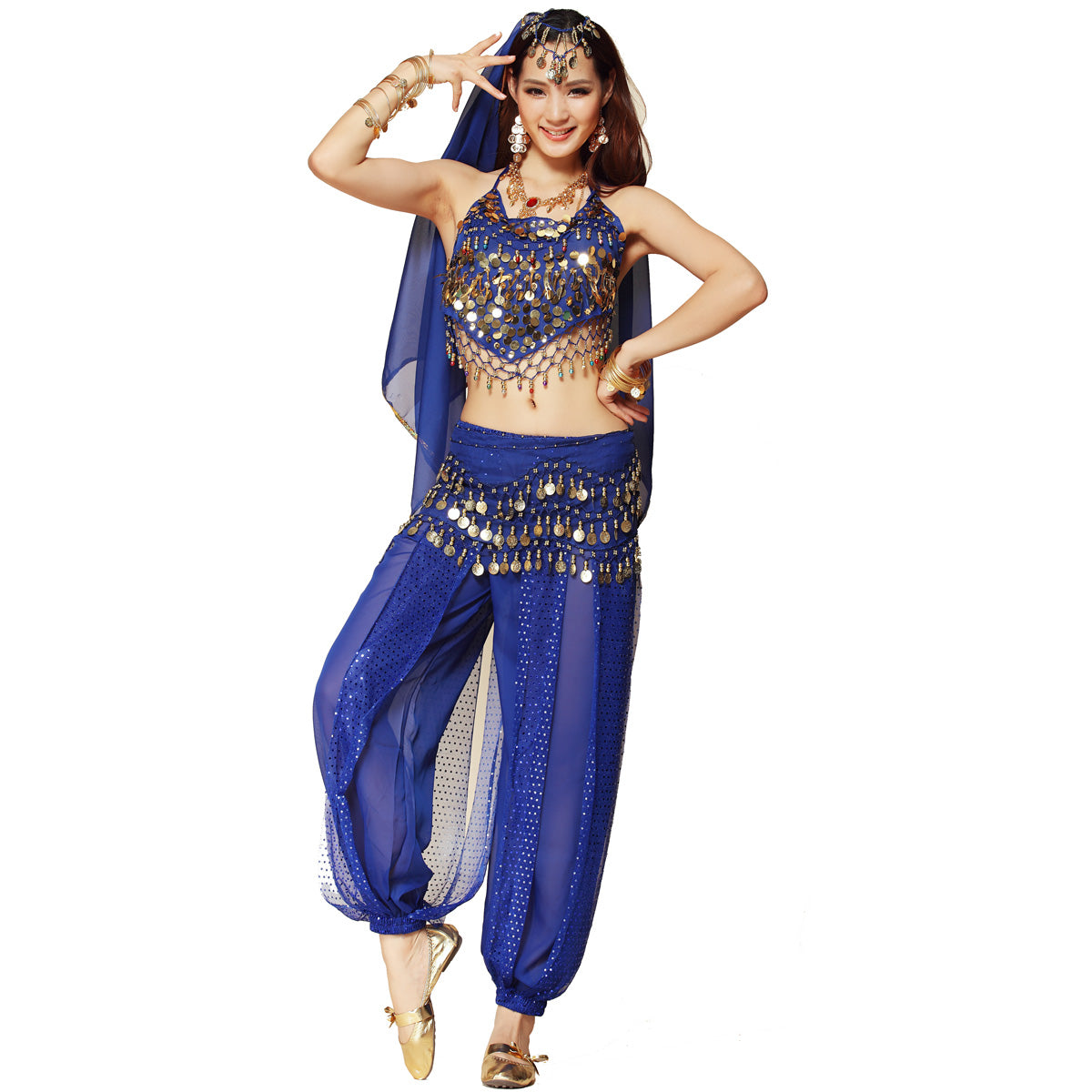 Baisdan Women's Belly Dance Costume 4-PCS Beads Bells Top Harem Pants Hip Scarf Belt Veil