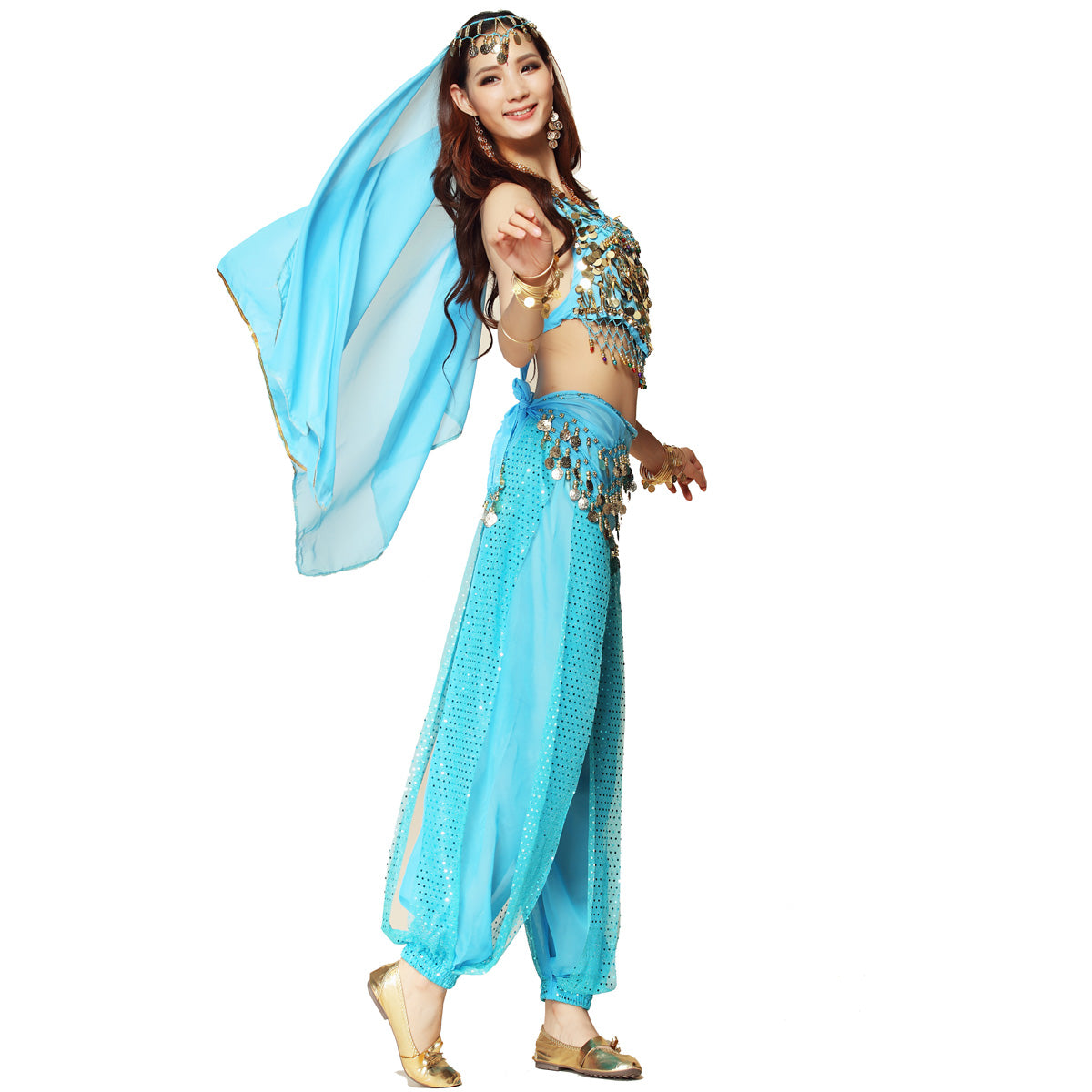 Baisdan Women's Belly Dance Costume 4-PCS Beads Bells Top Harem Pants Hip Scarf Belt Veil