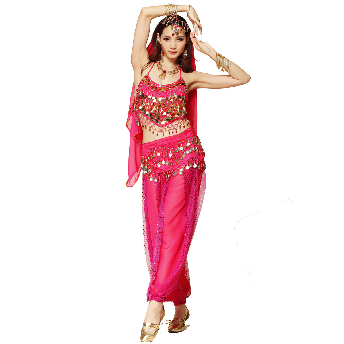 Baisdan Women's Belly Dance Costume 4-PCS Beads Bells Top Harem Pants Hip Scarf Belt Veil