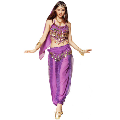 Baisdan Women's Belly Dance Costume 4-PCS Beads Bells Top Harem Pants Hip Scarf Belt Veil