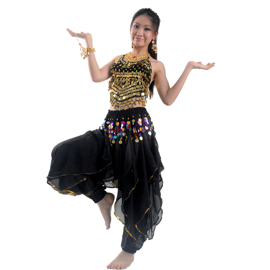 Baisdan Lady's Belly Dance Costume Set Top & Tribal Gold Wavy Harem Pants Skirt